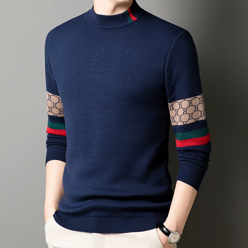 Suéter de manga larga para hombre, cuello semialto, otoño e invierno, con base estampada de moda, lujo ligero y de moda