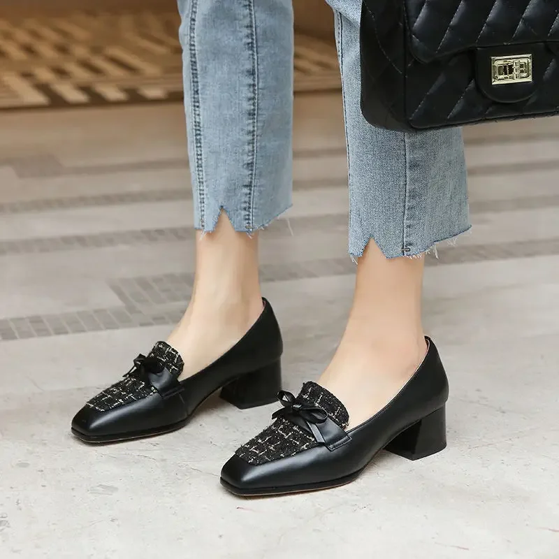 

Женские туфли-лодочки на блочном каблуке с бантом, туфли на массивном каблуке с квадратным носком для женщин среднего размера Y2k, популярная стильная обувь люксового бренда 39