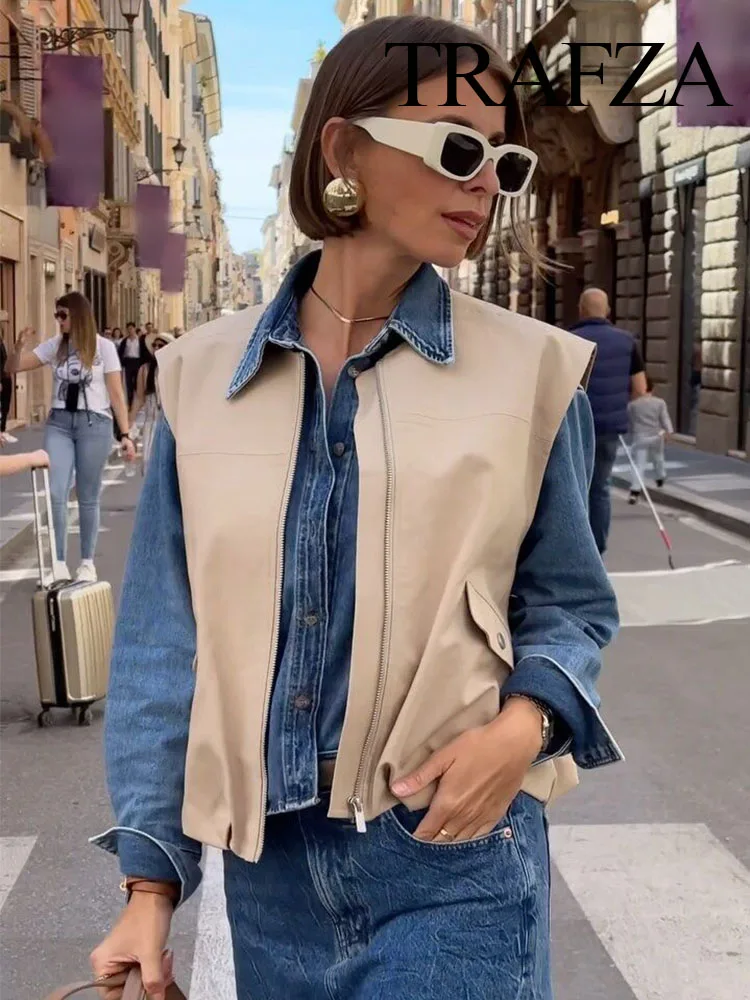 TRAFZA Women Chic Solid Zipper Pocket Pleated Decorate Loose Casual Waistcoat Woman Fashion O-Neck Sleeveless Slim Vest Jacket