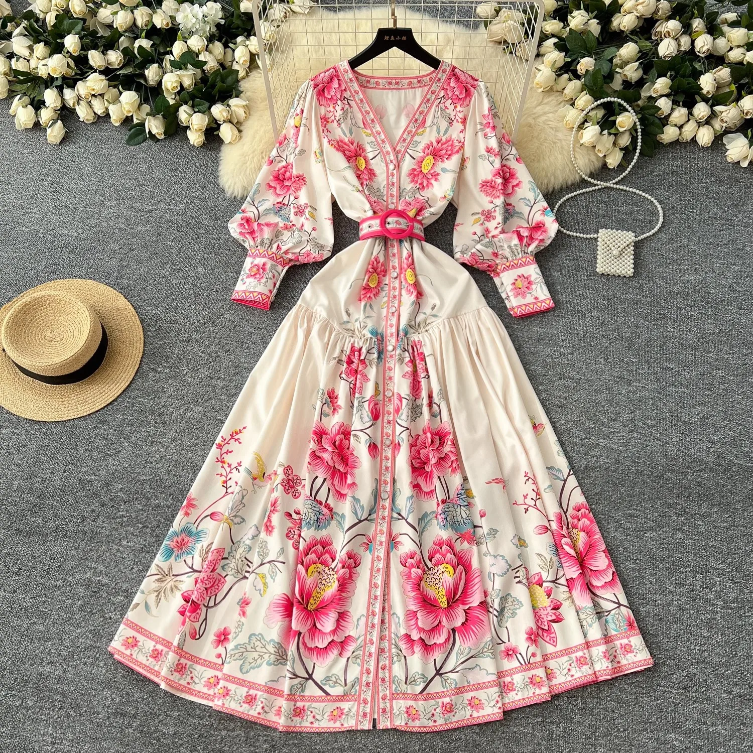 Férias de verão boho lindo flor maxi vestido feminino com decote em v lanterna manga floral impressão único breasted cinto longo festa vestidos