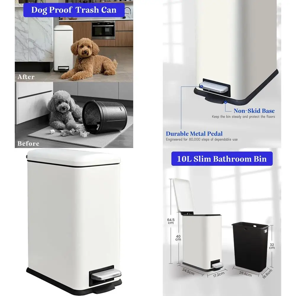 

10L Stainless Steel Pedal Waste Bin for Bathroom, Bedroom, and Office - White