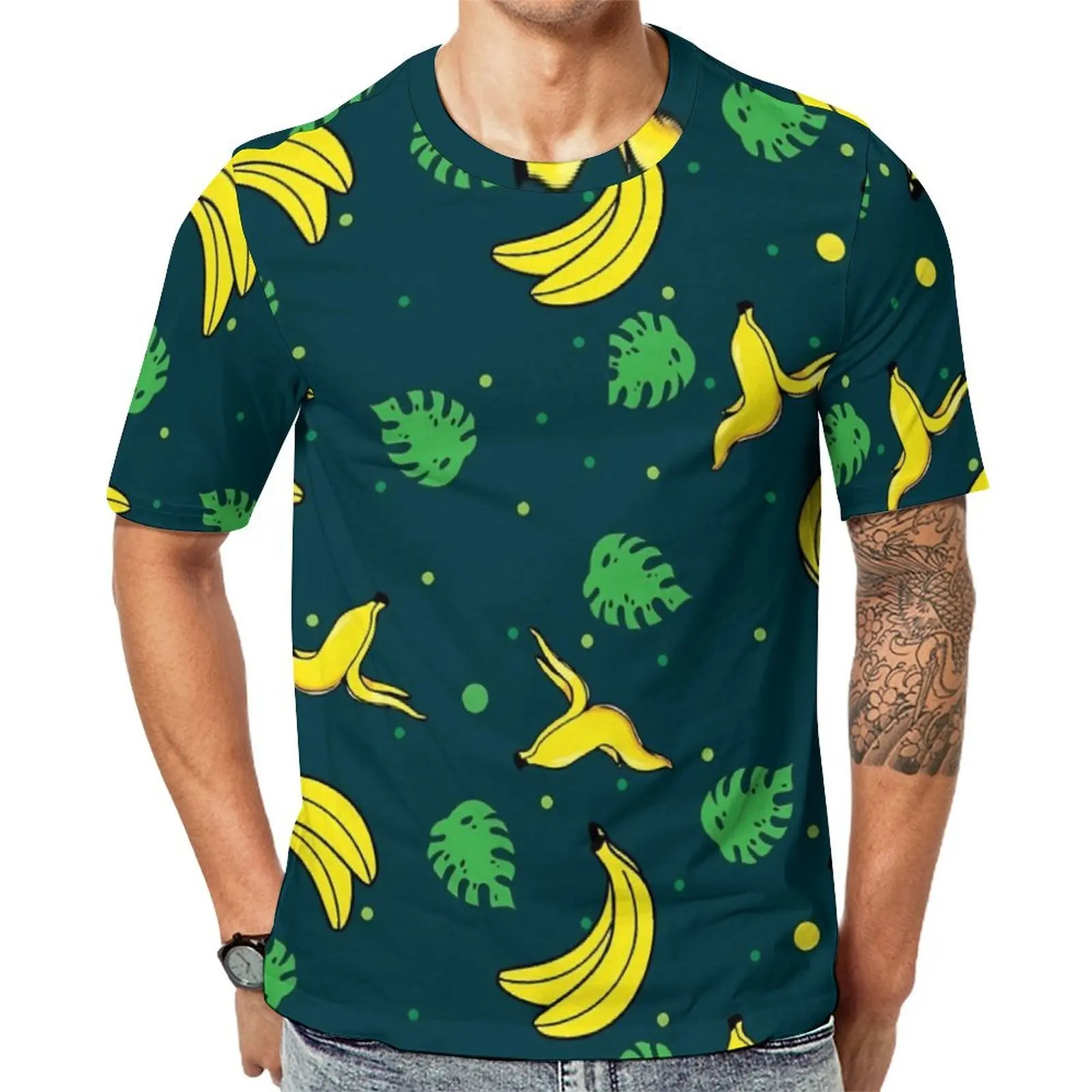 Beach T-Shirt Banana Print T Shirts Green Leaves Classic Hippie Tees For Couple Short-Sleeve Graphic Oversize Clothing