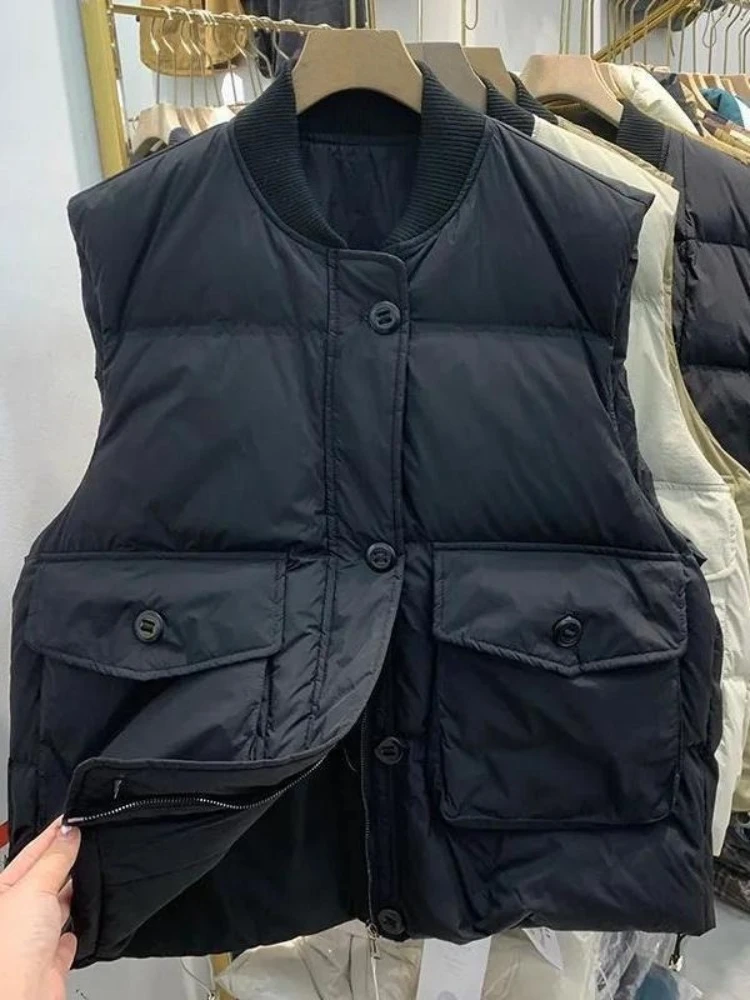 

Men's Women's Winter Warm Thickened Stand Collar Padded Vest Large Pocket Sleeveless Down Cotton Quilted Jacket Outerwear