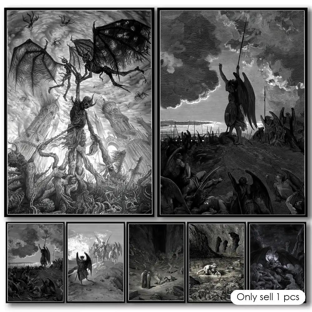 Gustav Dore Satan Paradise Lost Monster Painting Calligraphy Cotton Canvas Wall Art Poster Quality Decor Painting for Home Decor