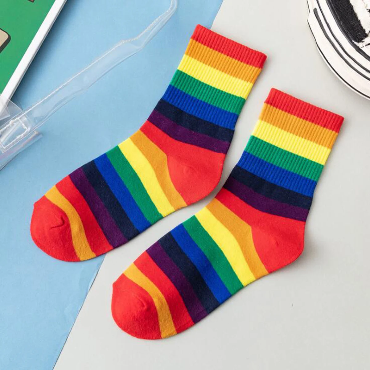 Women Fashion Colorful Kawaii Cute Cartoon Rainbow Striped Cotton Socks Breathable Spring and Autumn Retro College Style Socks