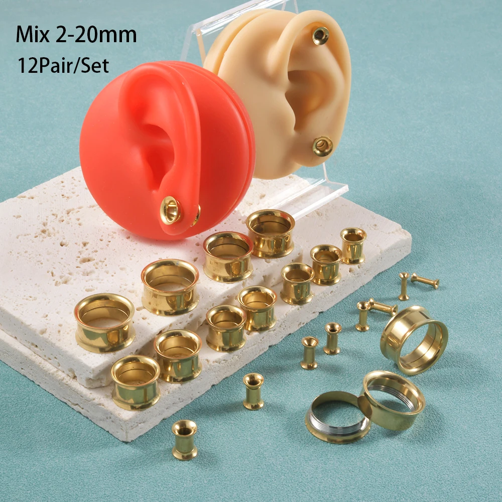 

12 Pairs /Set Steel Gold Color Double Flared Ear Gauges Internally Threaded Ear Tunnel Expander Plugs Taper Piercing Jewelry