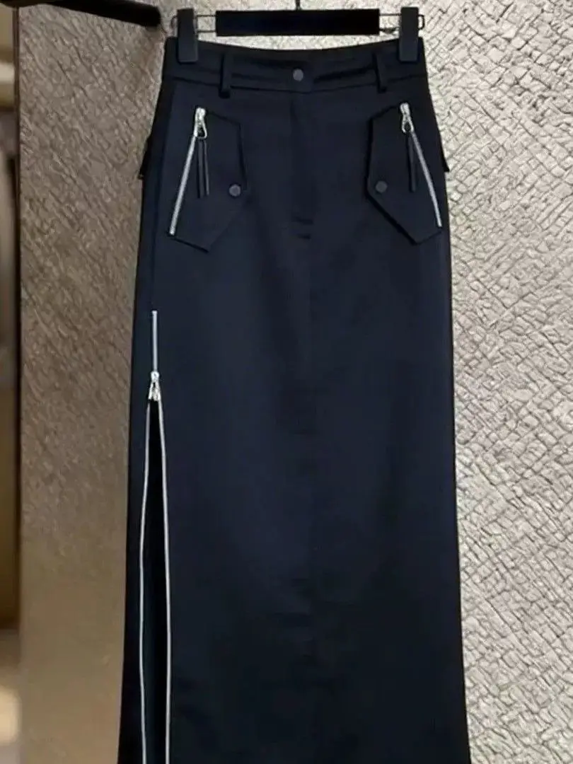 Elegant Black Wrap around Long Skirt Women's High Waist Side Split Zipper Design Summer 2026 Fashion Workwear  Dress