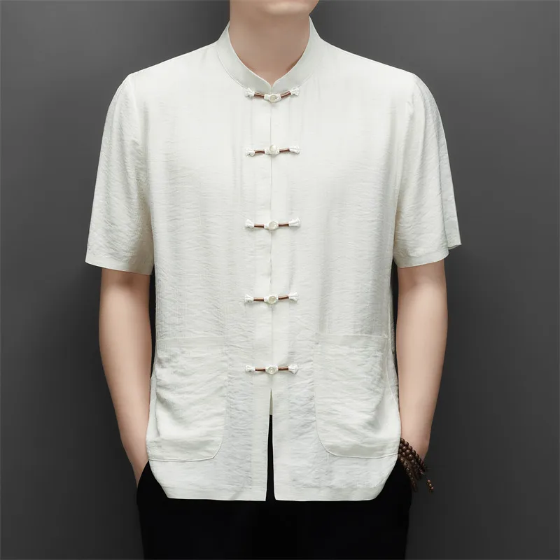 Frog Button Tang Costume Shirts For Men Short Sleeve Lightweight Summer Quality Viscose&Polyamide&Linen Pocket