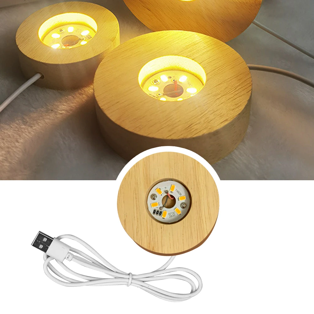 Podstawa do lampy LED 6LED lampa 3D okrągła drewniana podstawa świetlna lampka nocna Dispaly podstawa szkło kryształowe sztuka z żywicy Ornament