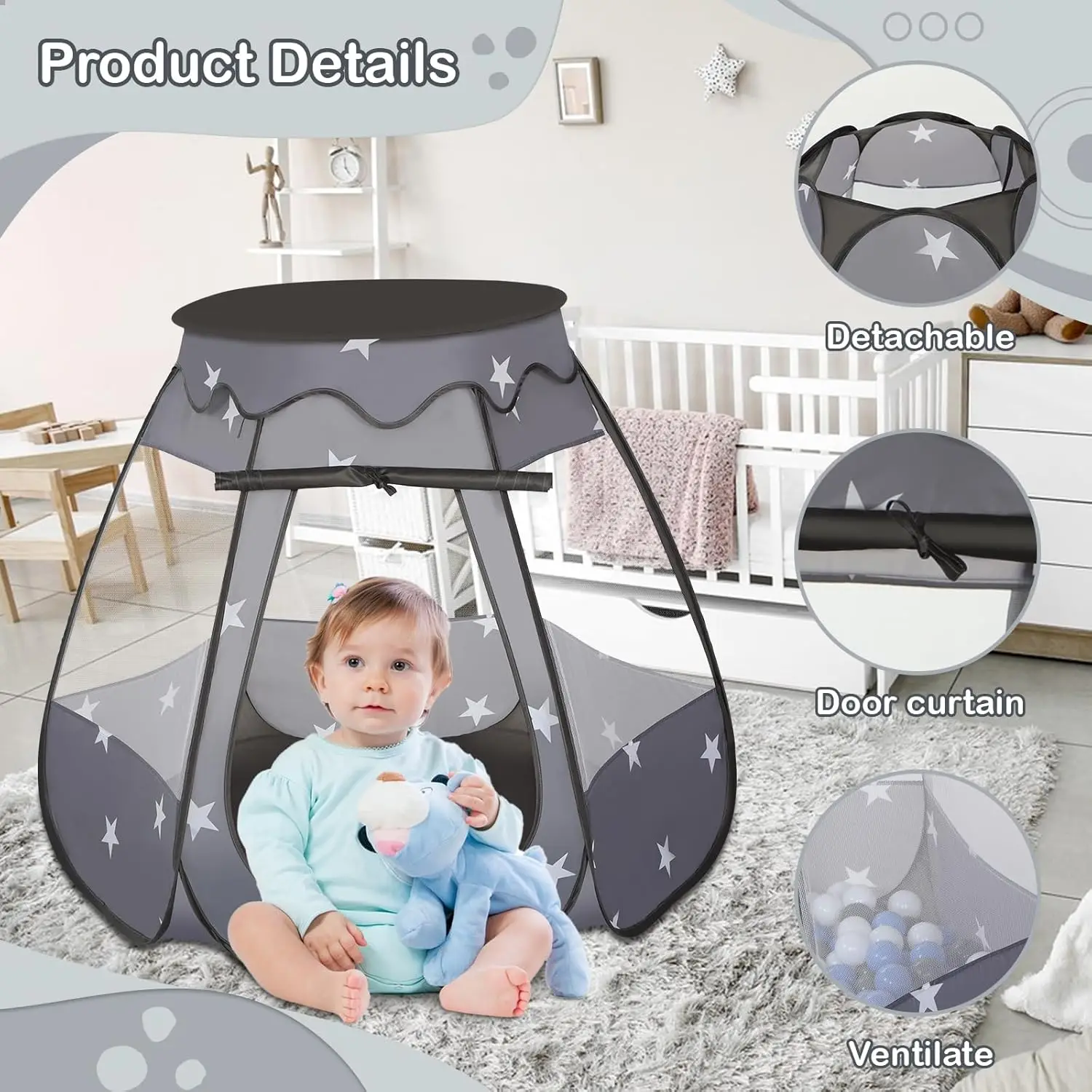 Baby Ball Pit for Toddler with 50 Balls, Kids Pop Up Play Tent for Girls, Princess Toys Gifts for Children Indoor & Outdoor Play