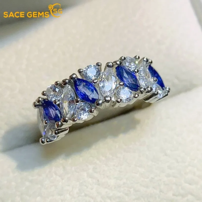 

SACE GEMS New 925 Sterling Silver Certified 2.5*5MM Natual Sapphire Rings for Women Engagement Cocktail Party Fine Jewelry Gift