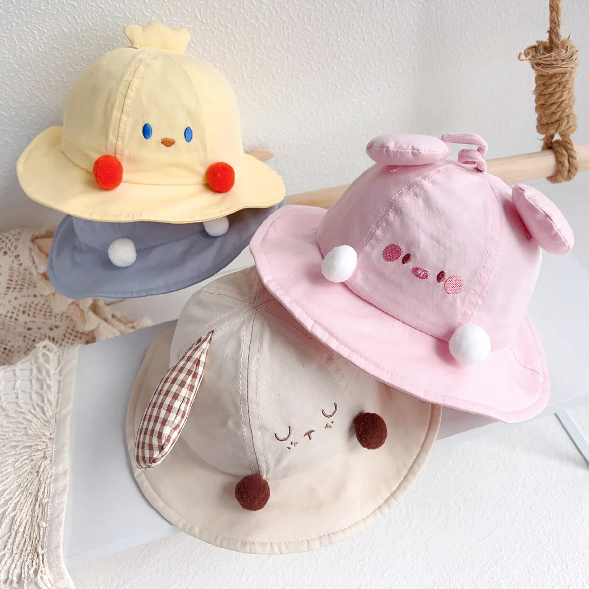 الأطفال دلو القبعات آذان ثلاثية الأبعاد لطيف الكرتون Kawaii المألوف تنوعا دلو القبعات كبيرة حافة الشمس الظل قبعات الحماية من الشمس