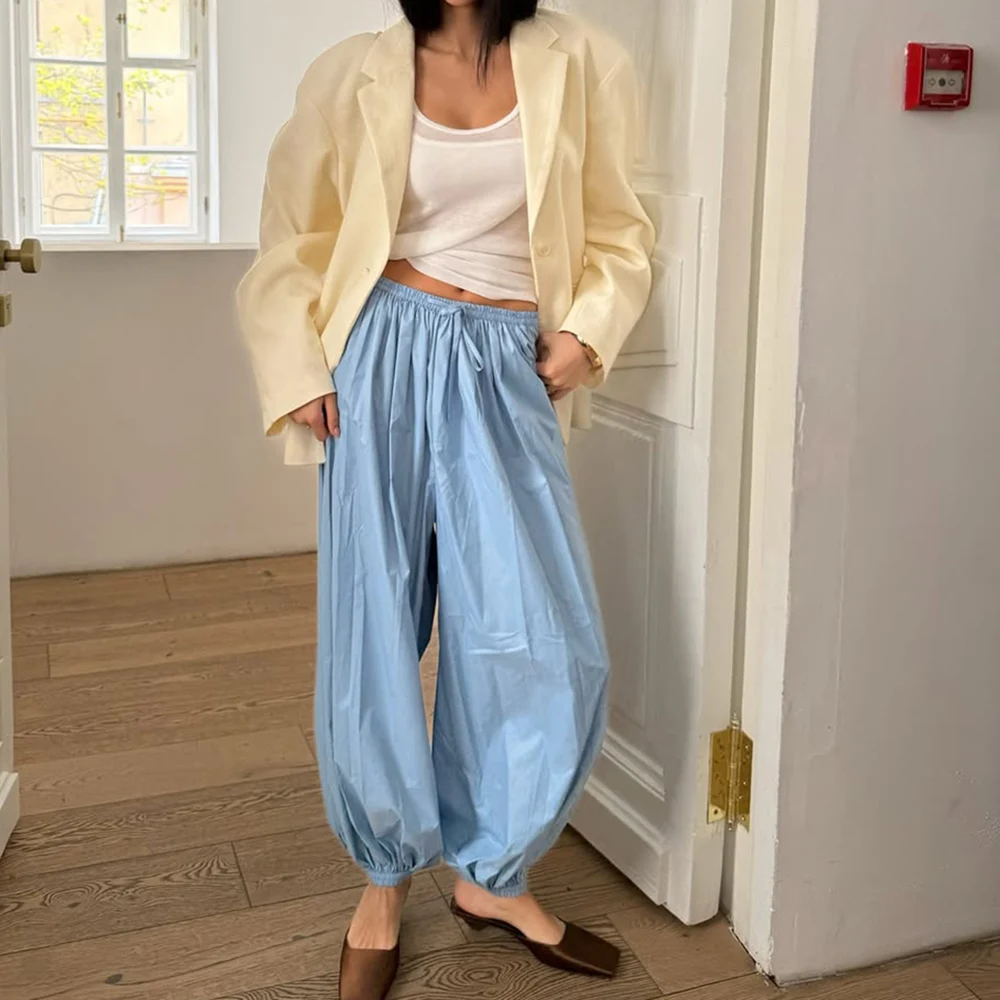 Talenza Female Fashion Trousers Summer Loose Pleated High Waist Trousers Solid Patchwork Casual Wide Leg Pants 2025 Women Pants
