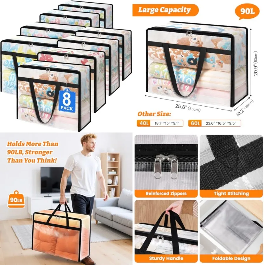 

8 Pack Clear Clothes Storage Bags, Moving Bags, Foldable Blanket Storage Under Bed Storage Containers with Sturdy Zipper and Ha