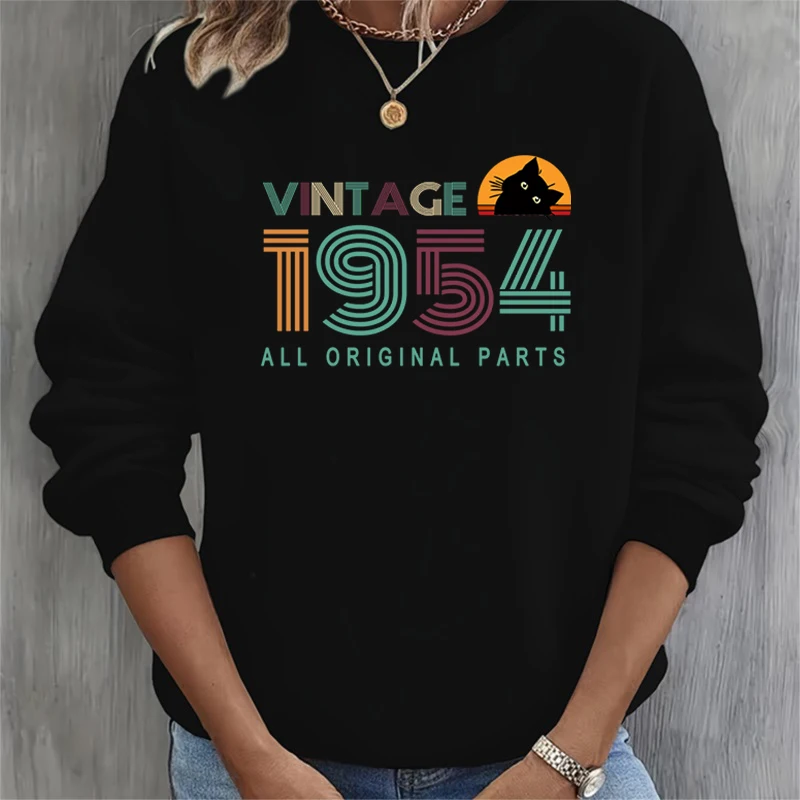 Vintage 1950-1959 Years Print Womens Sweatshirts Harajuku Black Cat Pattern Long Sleeves Pullover Birthday Commemorative Hoodies