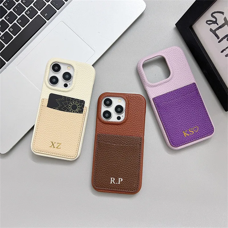 Personalizowane etui skórzane z imieniem na karty i portfel do iPhone'a 15 14 13 12 17 16Pro Max 16Plus, luksusowa, odporna na wstrząsy tylna obudowa — zdjęcie produktu 2