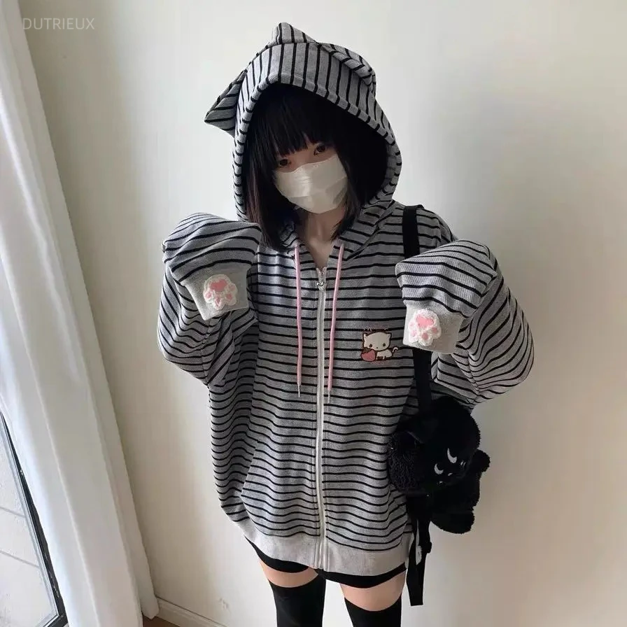Lovely Cat Embroidery Stripe Coats Loose All-match Preppy Style Jacket Japanese New Casual Fashion Minority Women Outwear