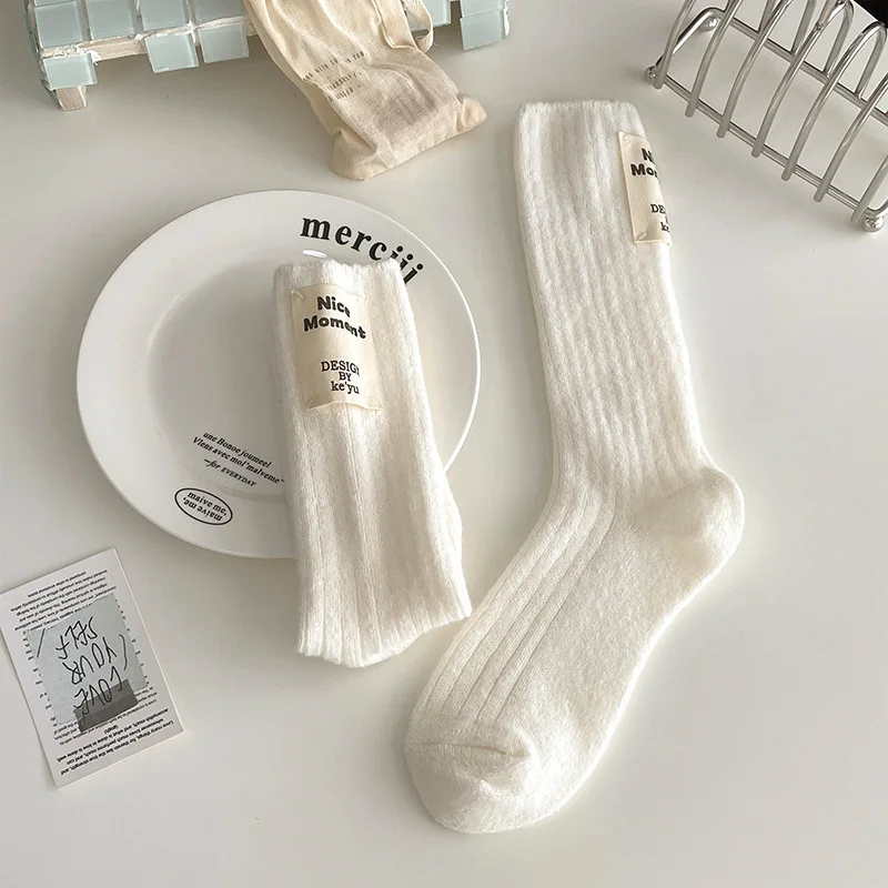 Autumn and Winter Socks for Women with Cashmere Warm Mid-tube Socks Solid Color Cloth Label Fashionable Casual Socks