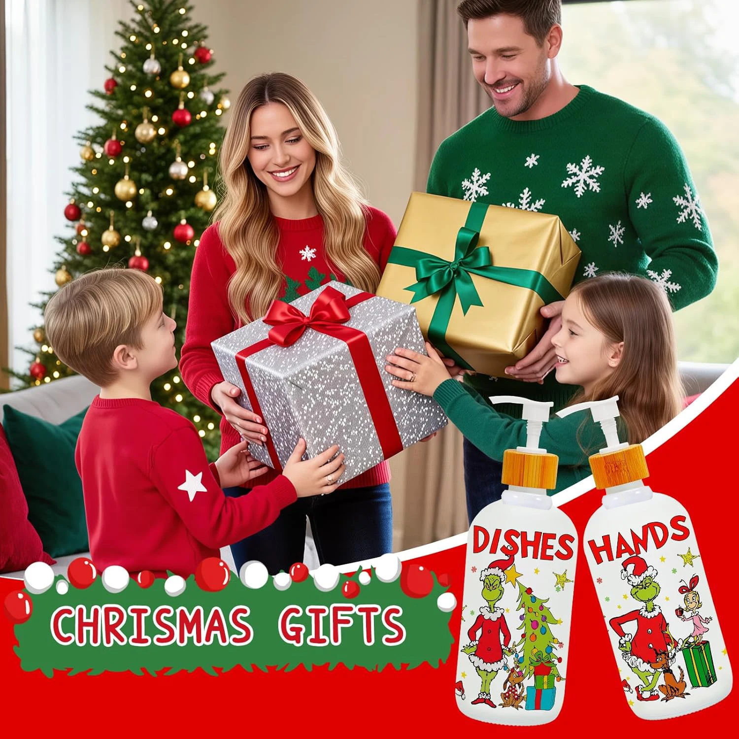 2-teiliges Weihnachtsseifenspender-Set, Urlaubshandseifenspender mit Pumpe und Tablett, nachfüllbare weiße Flaschen für die Küchenspüle – Detail 3