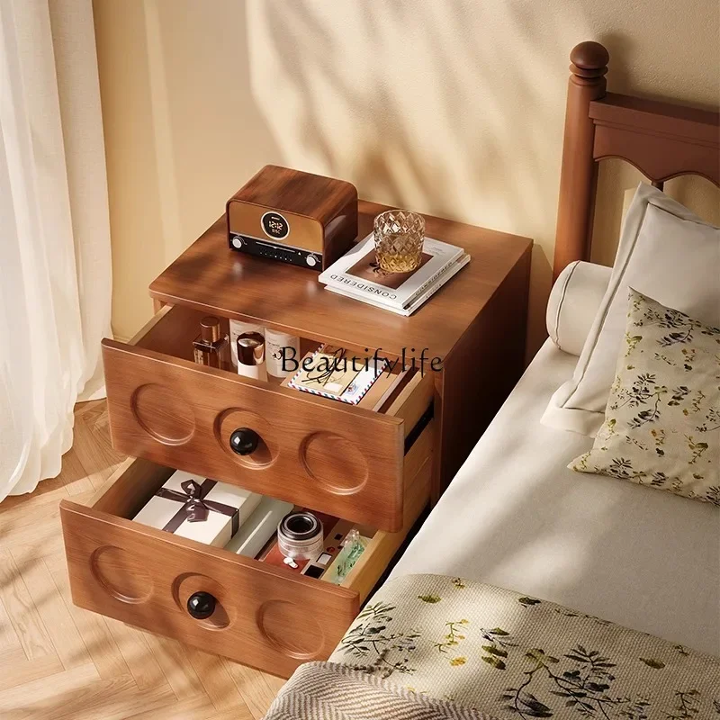

yj7 French Retro Bedside Table All Solid Wood Medieval Black Paint Bedroom Cabinet