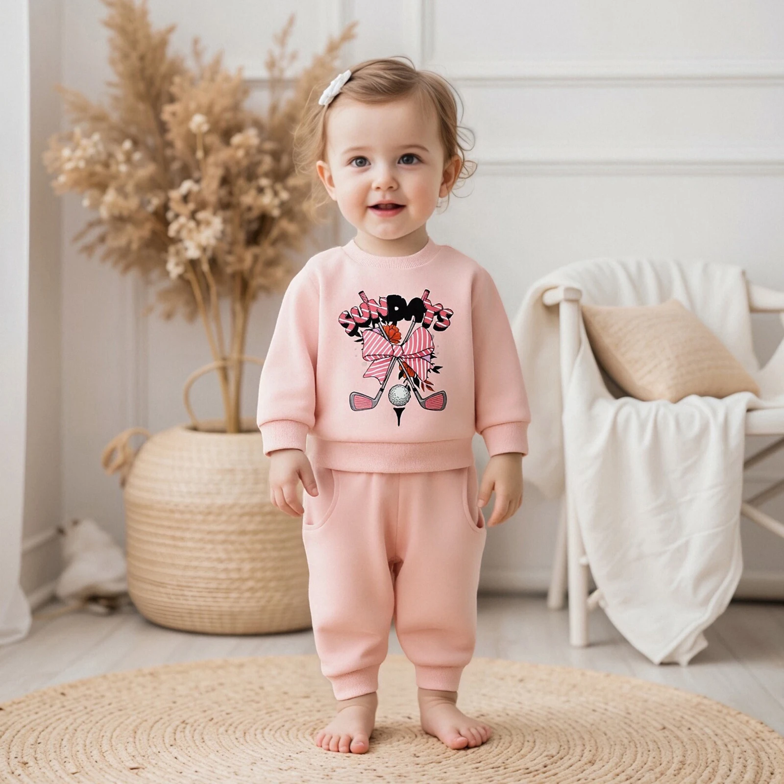 

Комплекты штанов из 2 предметов для маленьких девочек, свитшот с длинными рукавами и круглым вырезом с принтом для гольфа, топы, однотонные штаны, комплекты одежды для малышей