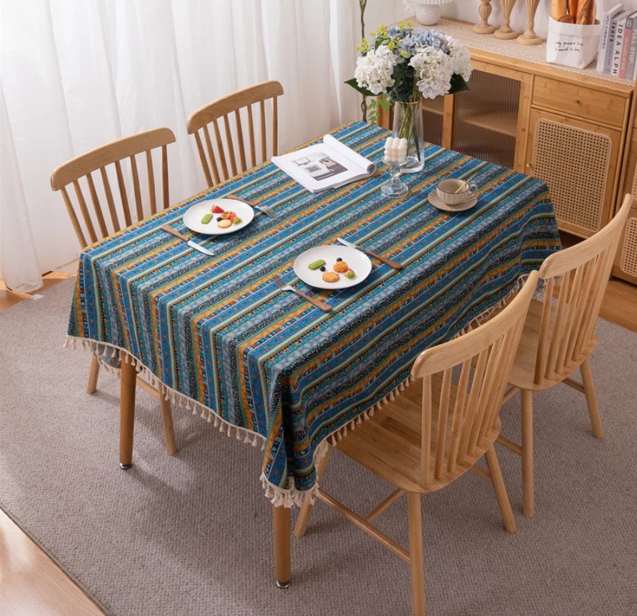 Bohemian Striped Tassel Tablecloth Ethnic Style Cotton Linen Rectangular Table Cover for Kitchen Dining Home Decor
