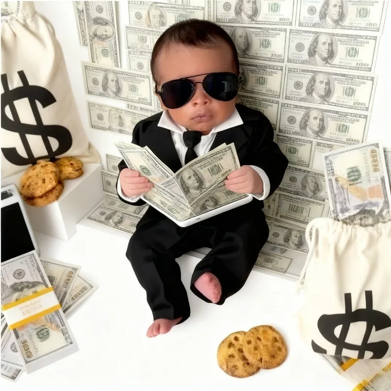 Newborn BOSS Photography Set, Hip Hop Style Baby Boy's Vest & Bow Tie Two-Piece Outfit, Gentleman Photo Shoot Costume for Infant