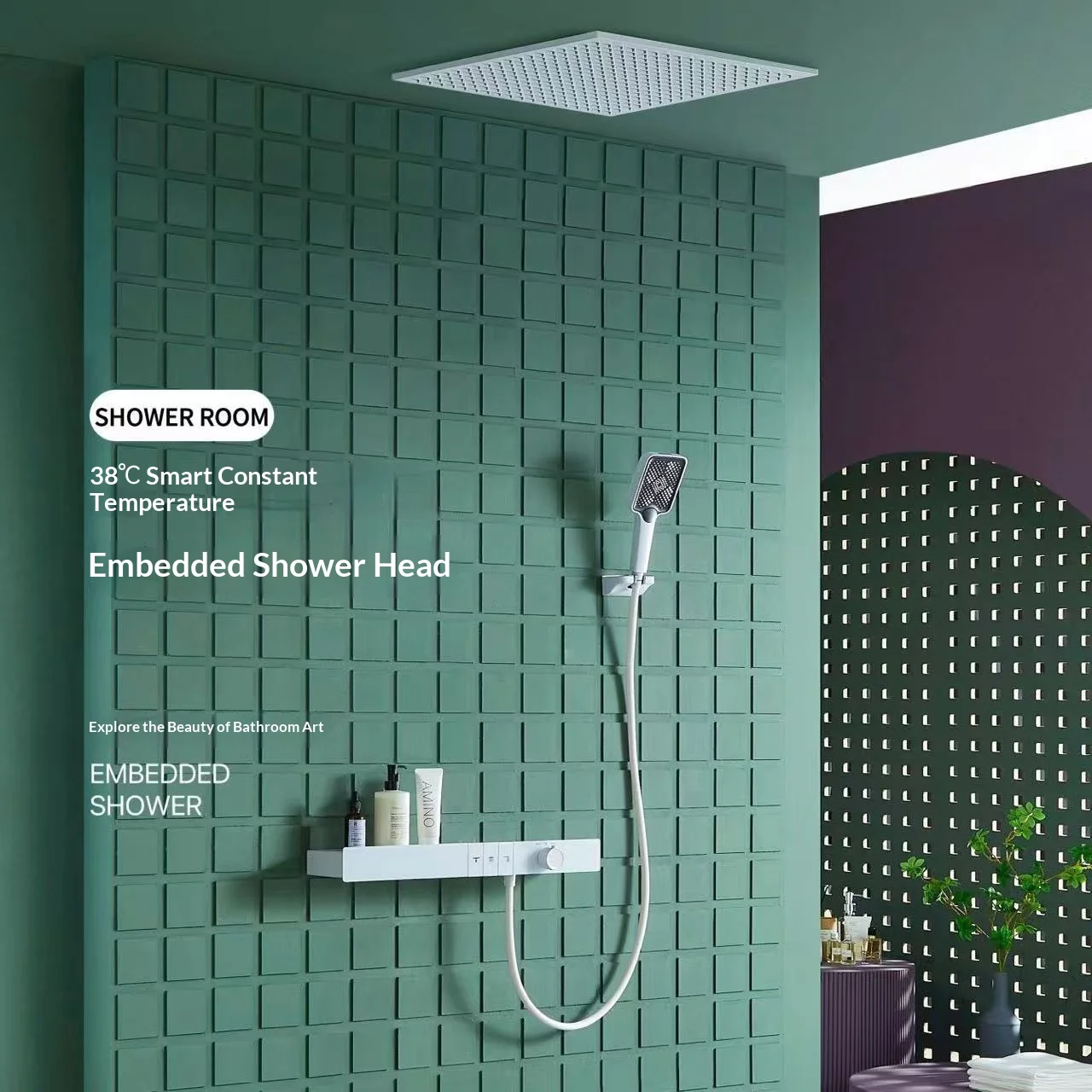 Brass Concealed Wall-Mounted Shower Set Thermostatic Control Waterfall Rain Spray Patterns Chrome Finish Modern Design for Hotel