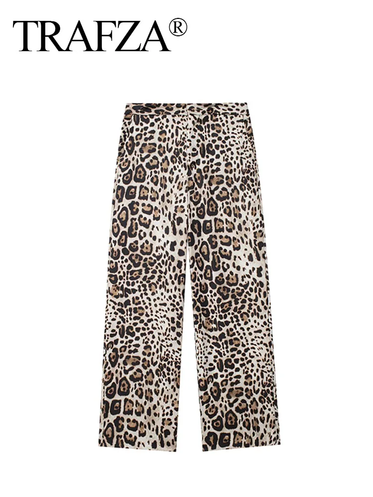 

TRAFZA Summer Pants Woman 2024 Trendy Leopard Print Mid-Rise Pockets Button Zipper Trousers Female Streetwear Long Pant TRAF