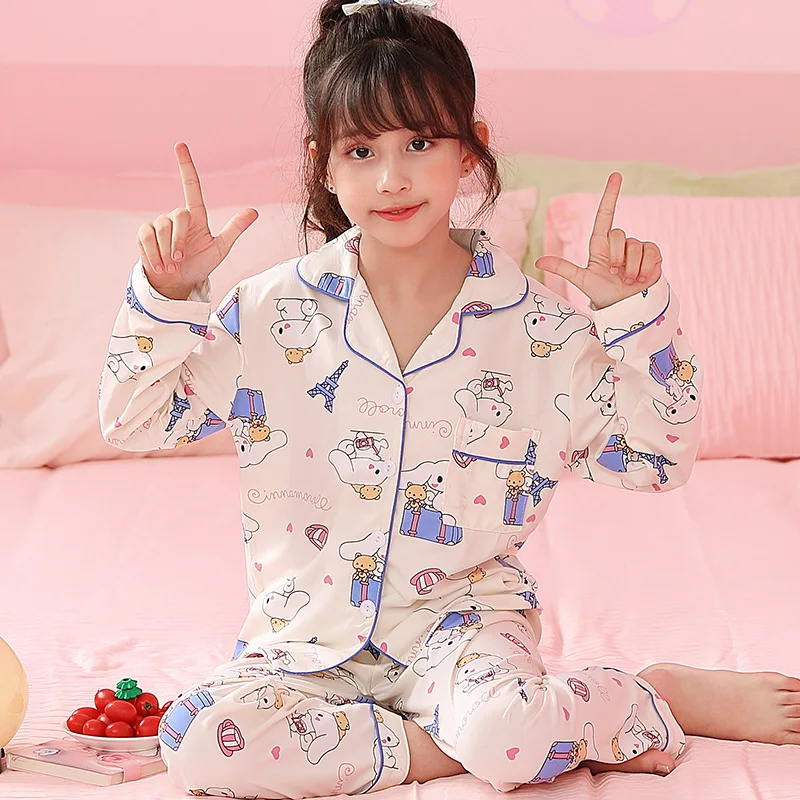 New Disney Sanrio Girls Pajama Sets Cardigan Kids Home Clothes Sweet Comfortable Soft Nightwear Child Long Sleeve Pants Set