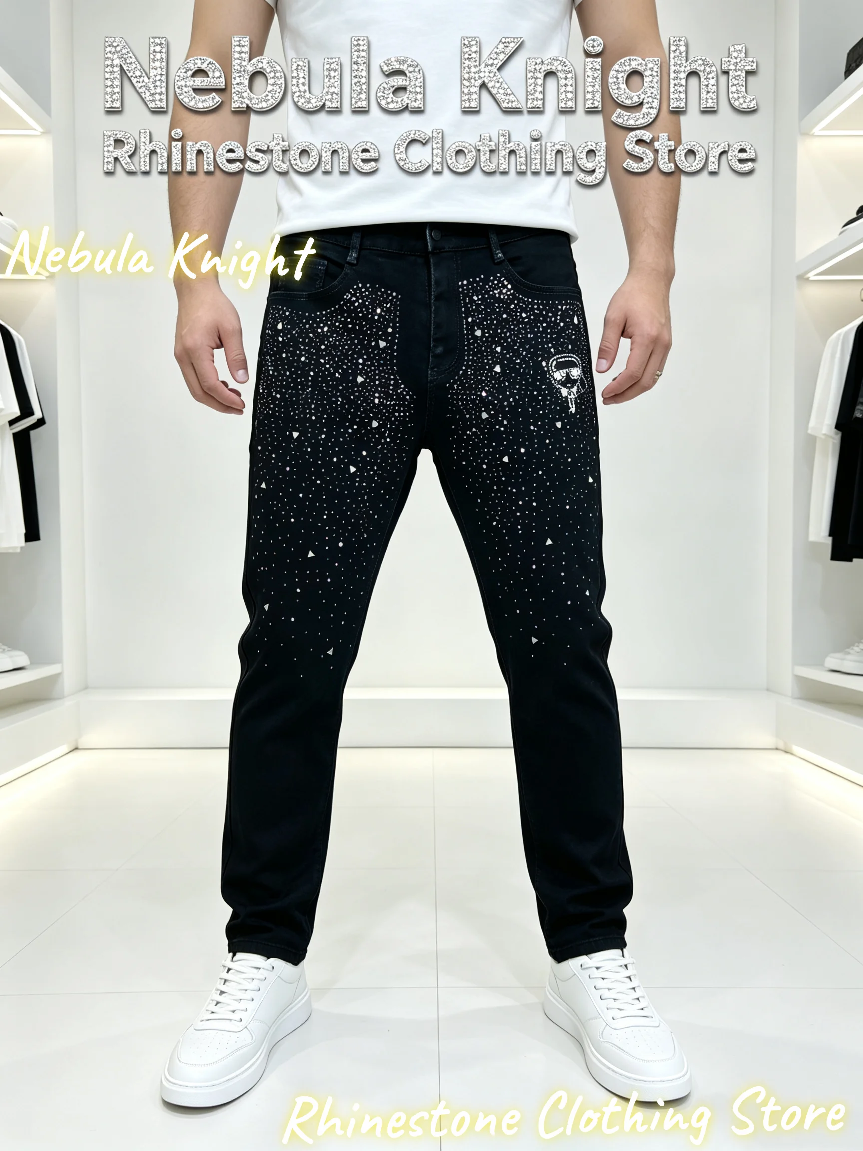 Men Summer Rhinestone Stretch Jeans Slim Fit Elastic Denim Pants Fashion Casual Daily Wear Plus Size