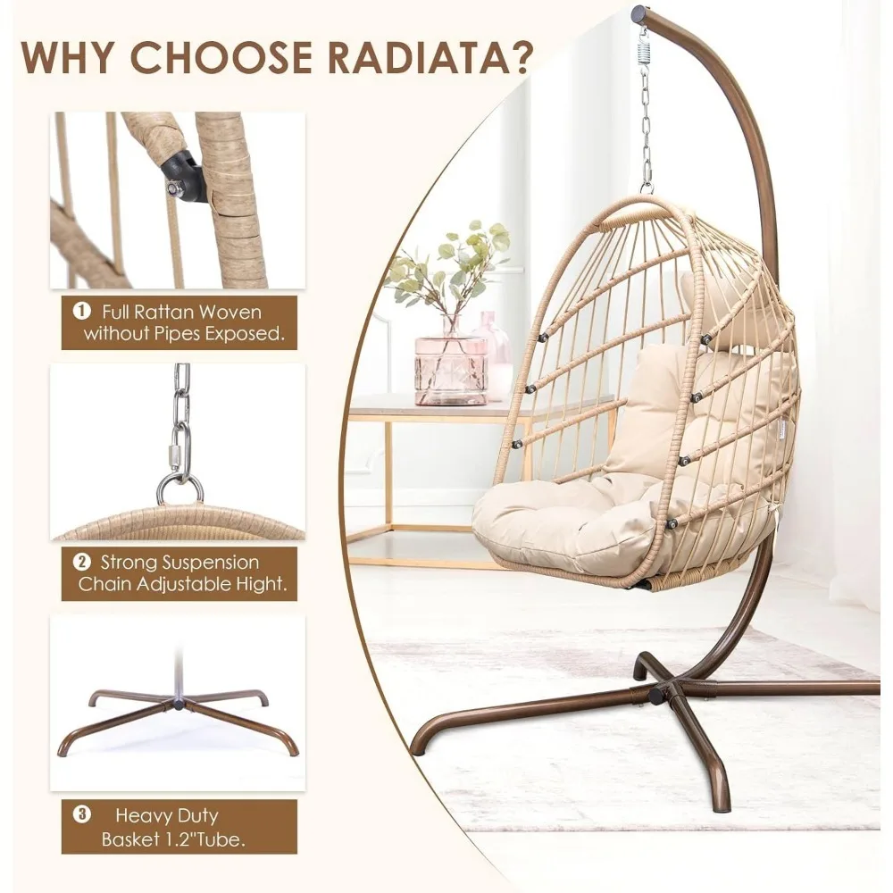 RADIARA-Dobrável Wicker Rattan Pendurado Egg Cadeira com Suporte, Cadeira Swing com Almofada e Travesseiro, Cadeira Lounging para Interior