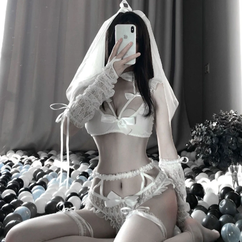 Lace Wedding Dress Bride Cosplay Costume Women Sex Lingerie Push Up Bra Erotic G-String Outfit Female Perspective Maid Nightwear