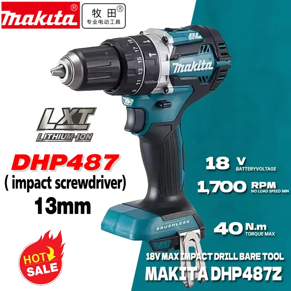 Makita DHP487, taladro percutor inalámbrico con batería LXT de 18 V, motor sin escobillas, 40 Nm, destornillador de impacto 3 en 1