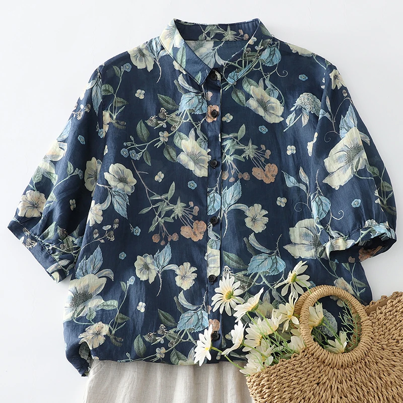 Floral Print Half Sleeve Shirt Thin Style Women's Summer Top Loose Fit Polyester Fiber Short Sleeve Casual Shirt