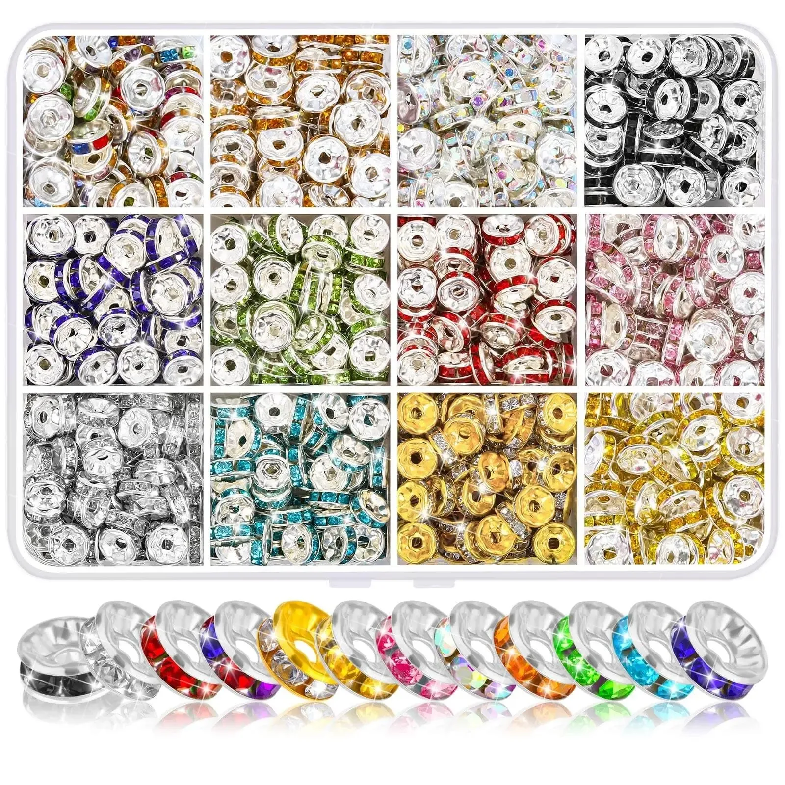 720Pcs 8mm Ronde 12 Different Colored Spacer Beads Rhinestone for Jewelry Making Loose Beads for Bracelets