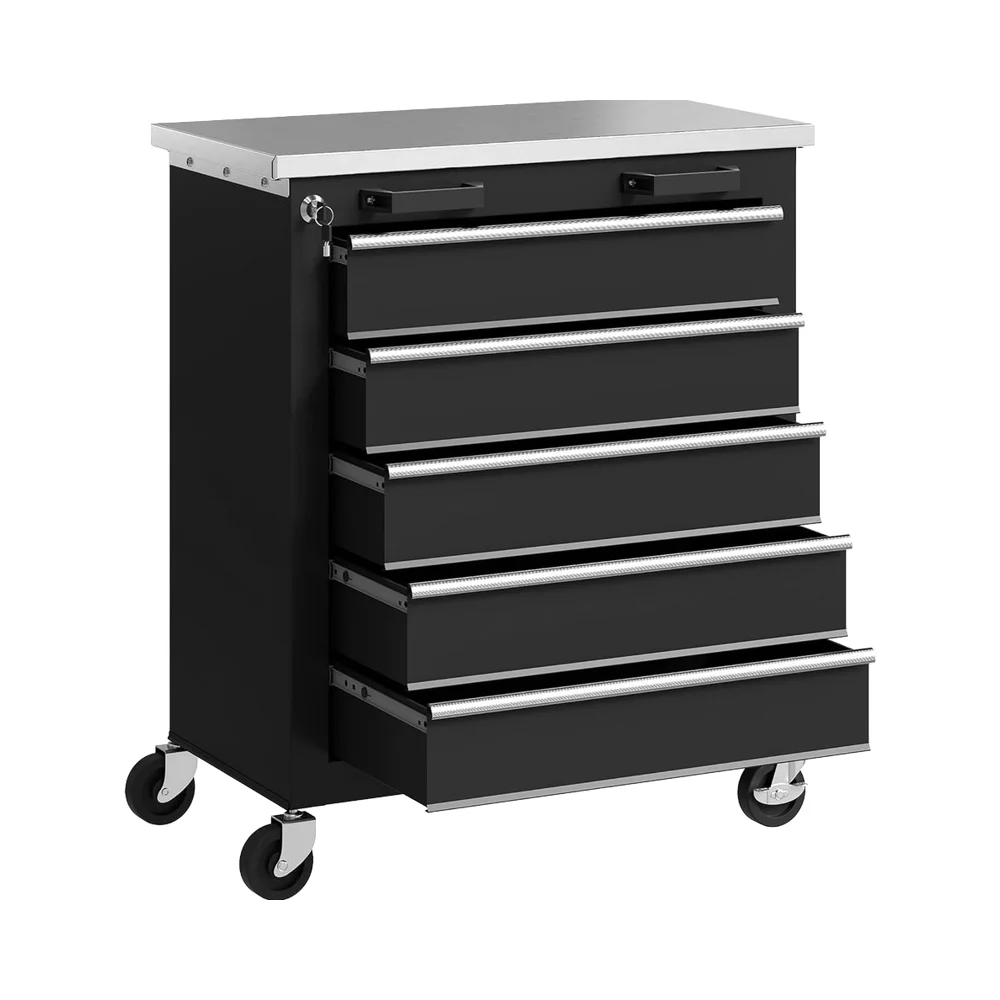#￥forTool Trolley 5 Drawers Lock Adjustable Height Workshop Wheels Brake Stainless Steel Worktop Tool Box Side Connectors Garage