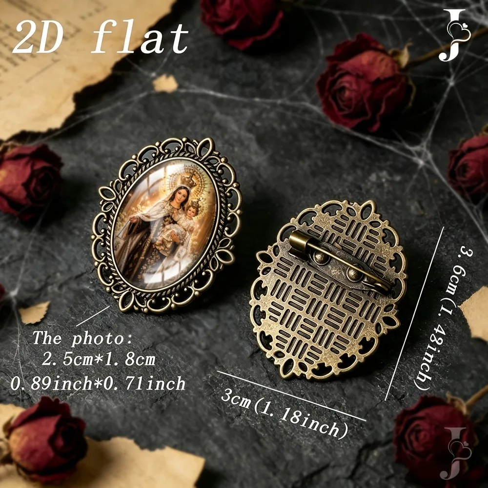 6-20Pcs Oval Virgin Mary Baby Jesus Glass Brooch, Vintage Hollow Lace Zinc Alloy Lapel Pin, 2D Flat Portrait Badge Souvenir Gift
