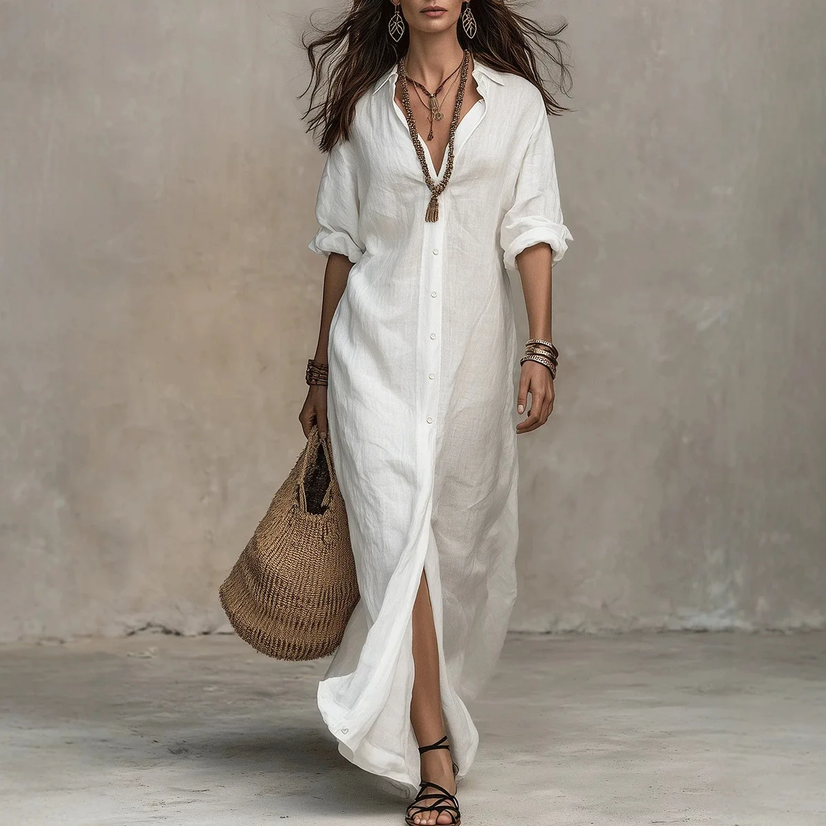 Spring Summer Casual Shirts Linen Cotton Dresses Loose Blouses Tops Flowy Sundresses