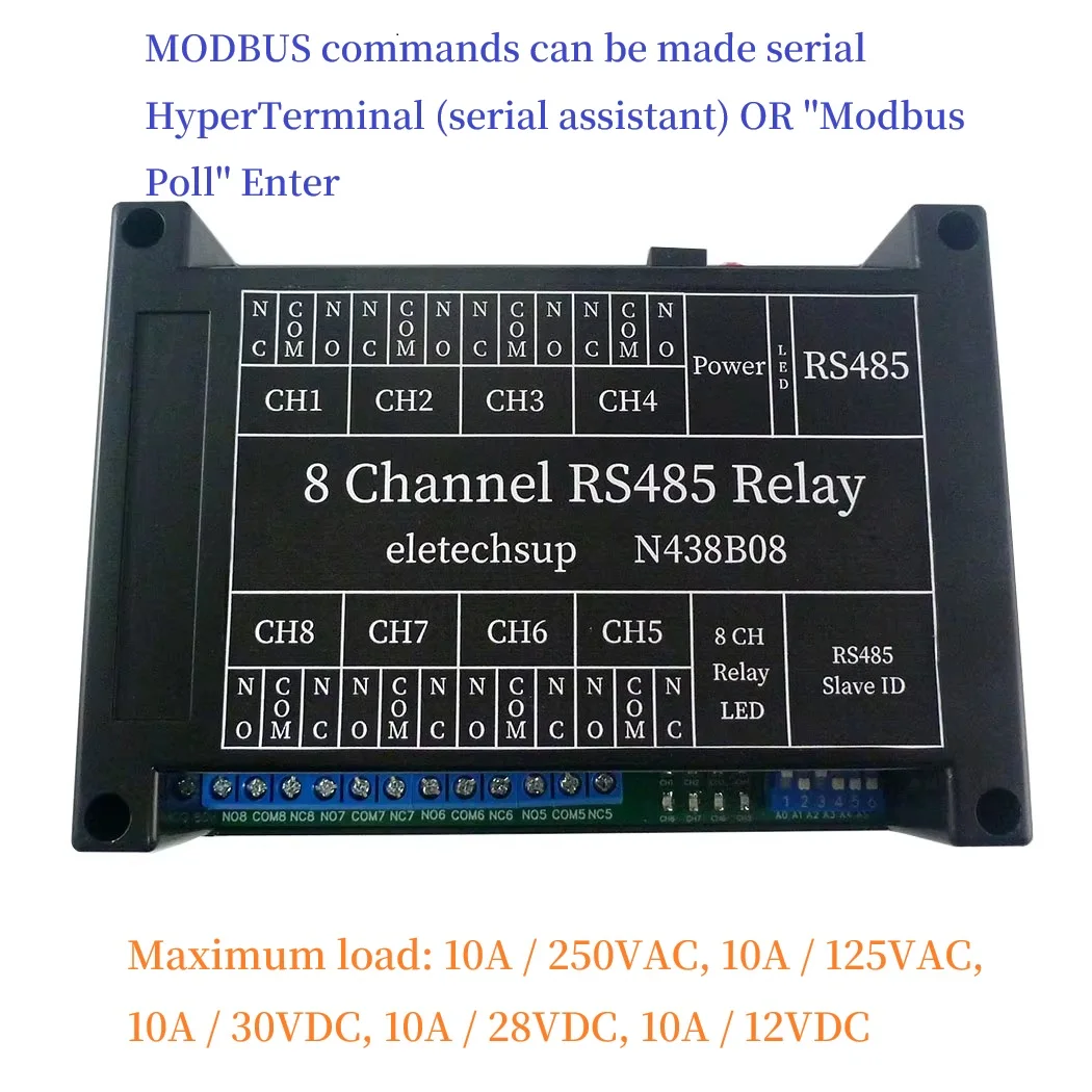 

N438B08 8 Channel RS485 Relay 12VDC Modbus RTU Serial Port Switch for PLC Camera Smart Home Industrial Control System