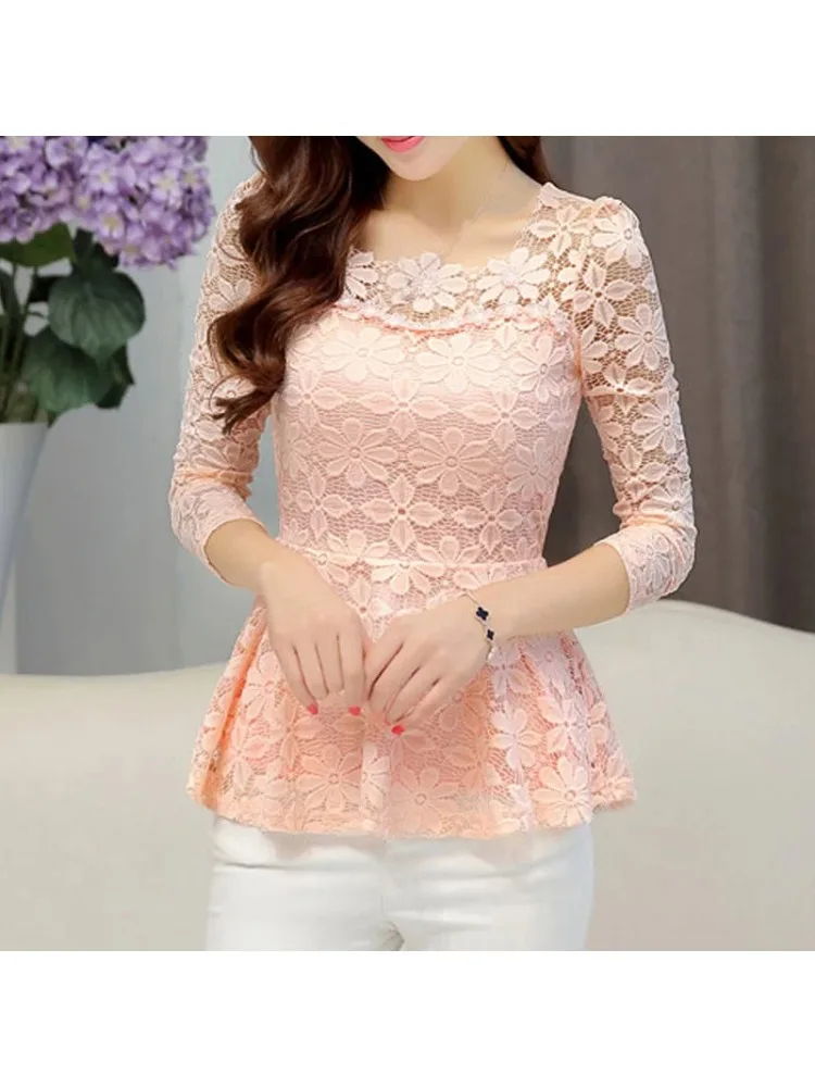 Women blusas blusa longa camisa feminina vintage long sleeve lace blouse plissado topo chemise femme Plus Size S-5XL