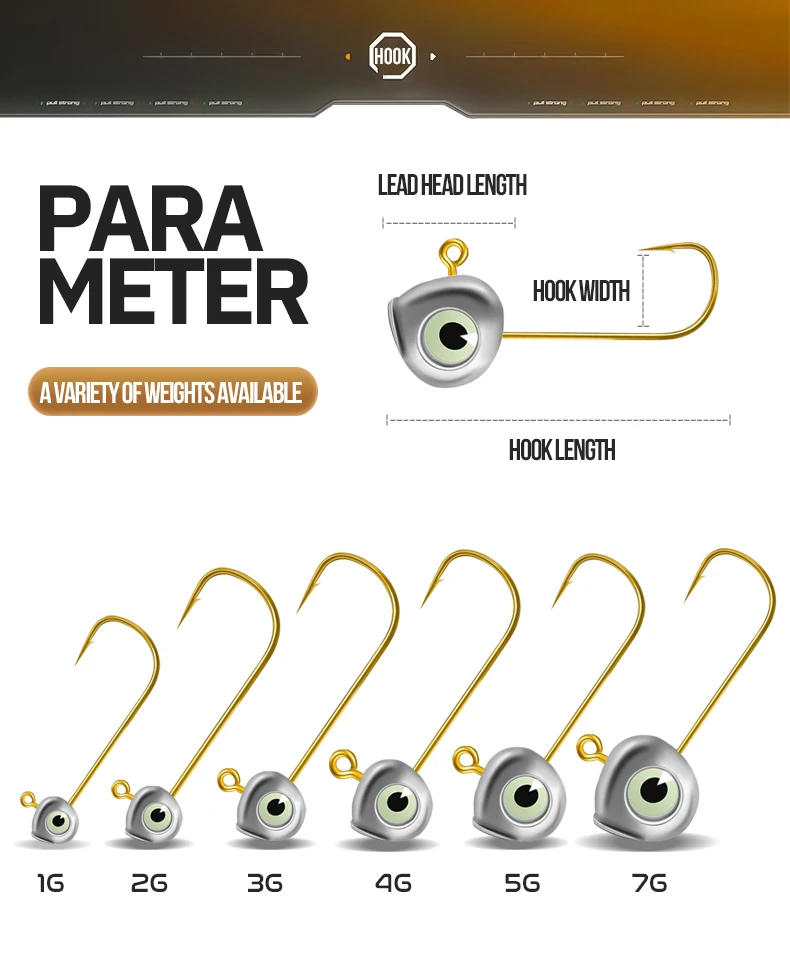 TAIYU 10er-Pack 1g/2g/3g/4g/5g/7g Jigköpfe, Mikro-Köderhaken, Leuchtende 3D-Fischaugen-Jigköpfe, Verstärkte Kleine Goldhaken – Detail 7