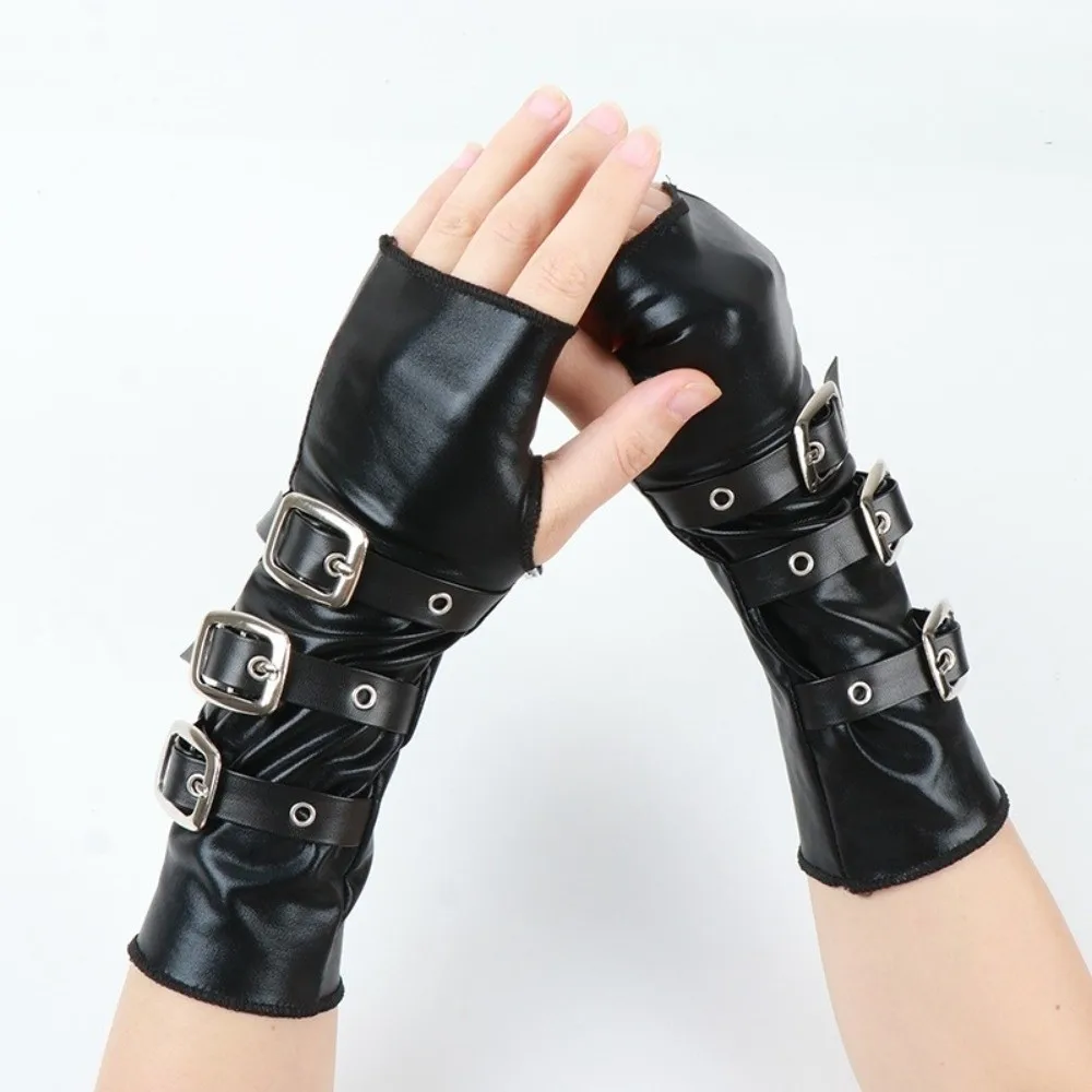 Punk Black Fingerless Gloves Metal Buckle Wristband Half Finger Lacquer Leather Gloves Elastic Gothic Gloves Nightclub Party