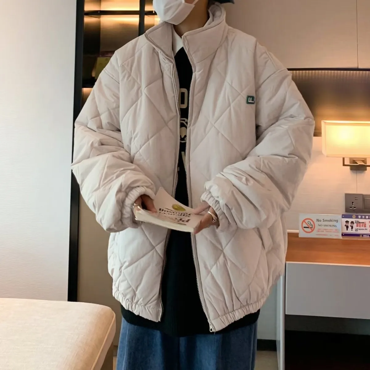 

Retro American Winter Cotton Jaet Thiened Men's Warm Simple Sle Autumn Winter Outerwear Casual Stand Fit Zipper Closure