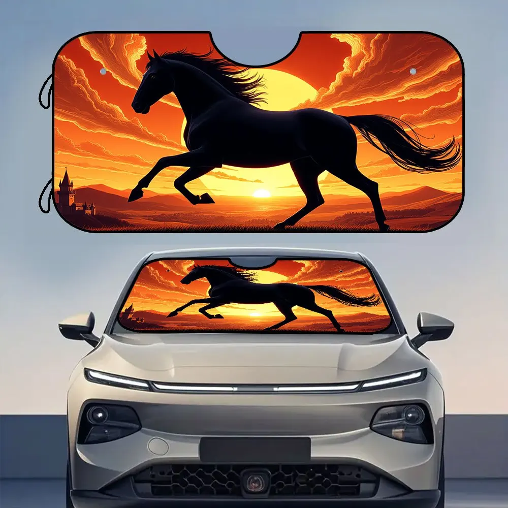 قطعة واحدة، حاجب من الشمس للسيارة بنمط حصان غروب الشمس للنافذة الأمامية، قابل للطي وعملي، مثالي للشارع الضواحي والصباح #1