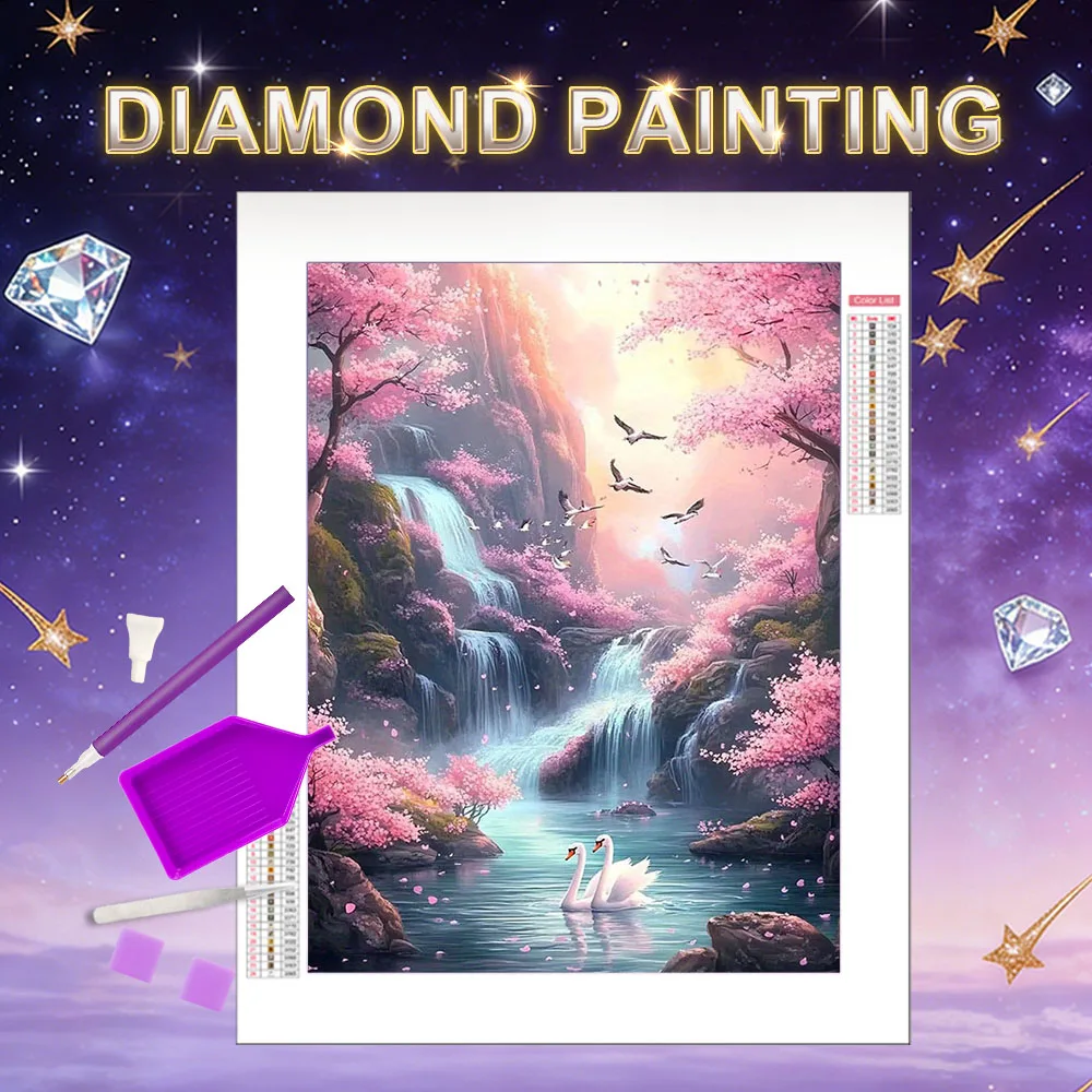 HUACAN Diamantmalerei Kirschblüten-Landschaftskunst-Set Wohnzimmerdekoration Diamantkunst-Mosaik Wasserfall Schwan Quadratische Runde Steine