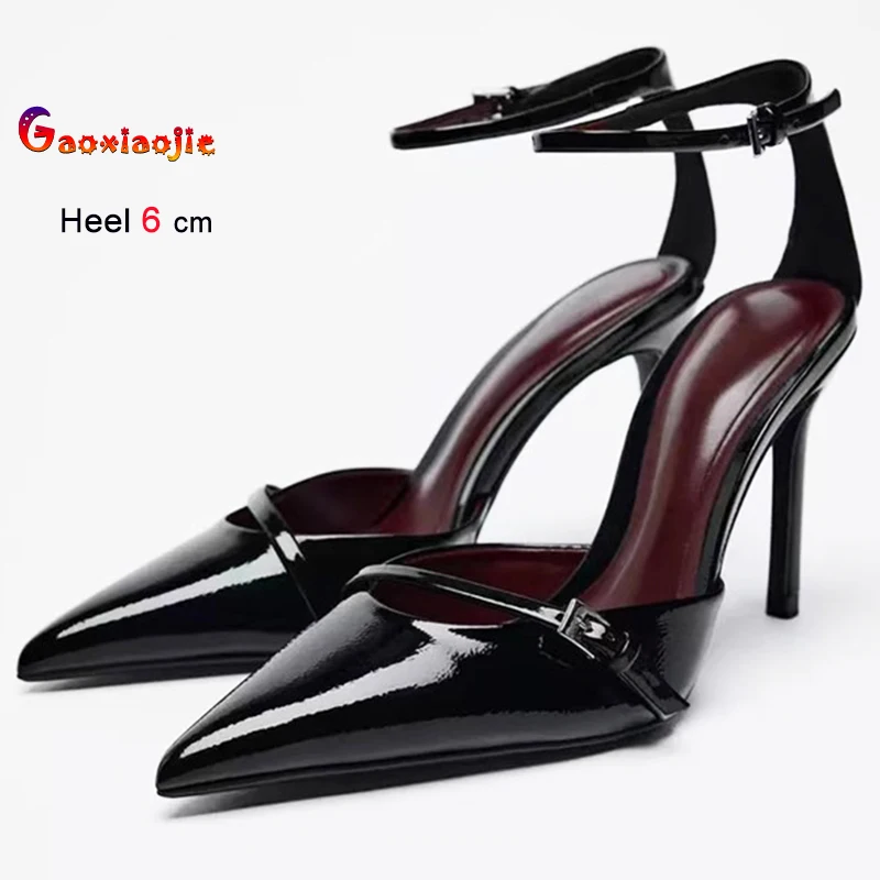 

New Black High Heels 6cm Women's Shoes Thin Heels Pointed PU Ladies Pumps Ankle Buckle Back Strap Sandals Stiletto Banquet Shoes