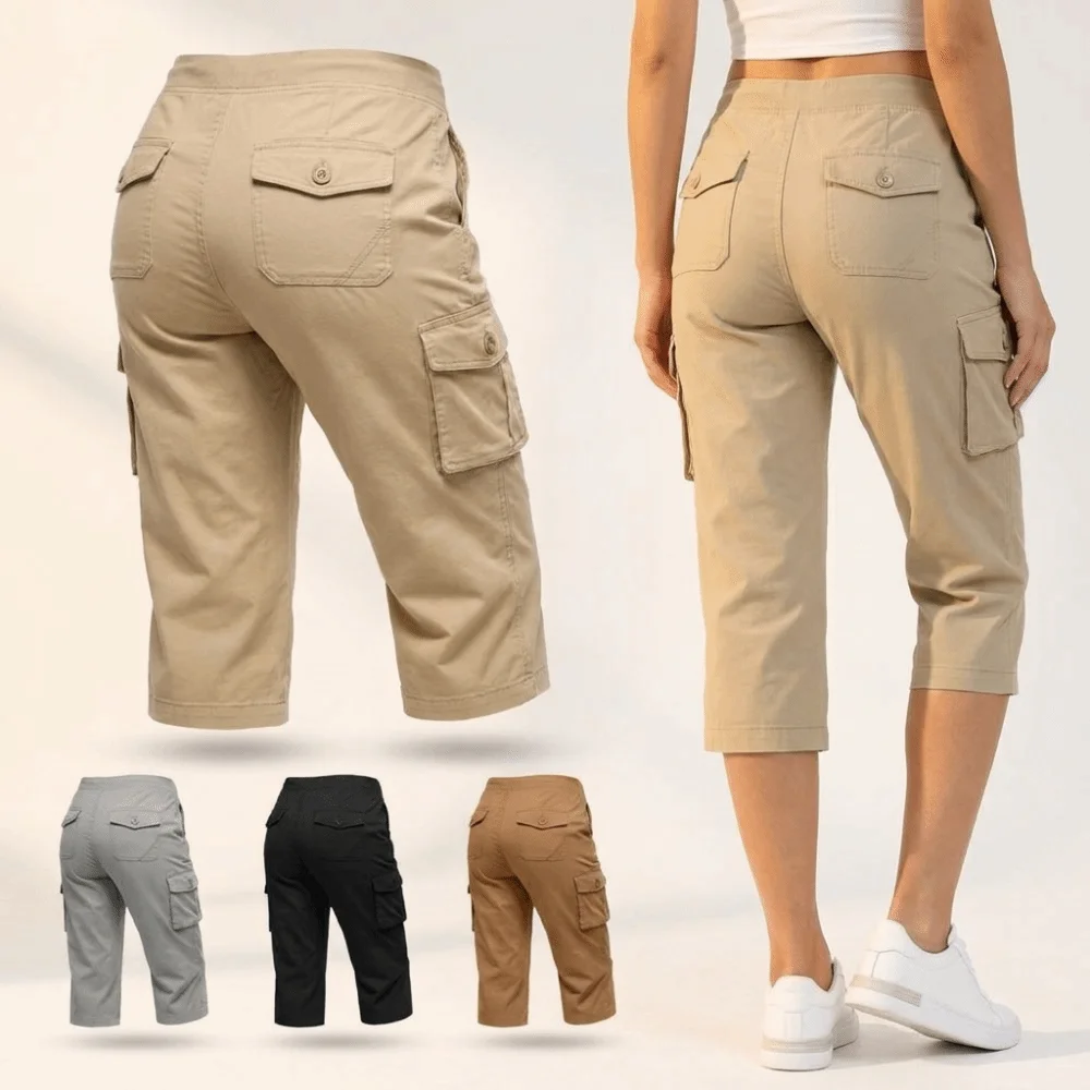 Quick Dry Fabric Women’s Hiking Pants Lightweight Feel Elastic Waistband Capri Pants Cropped Length Flap Pocket Cargo Pants