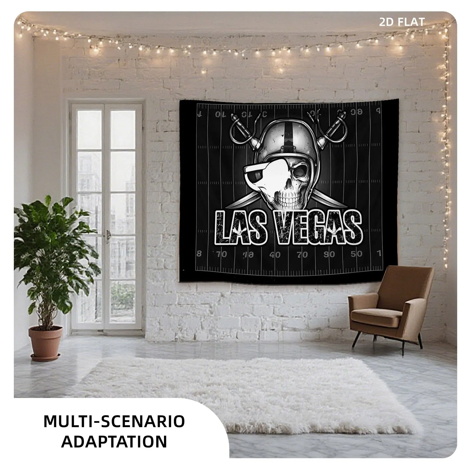 Las Vegas Football Skull Tapestry, Black & White Raiders Style Skull with Helmet & Swords Print Wall Hanging for Sports Fan Room