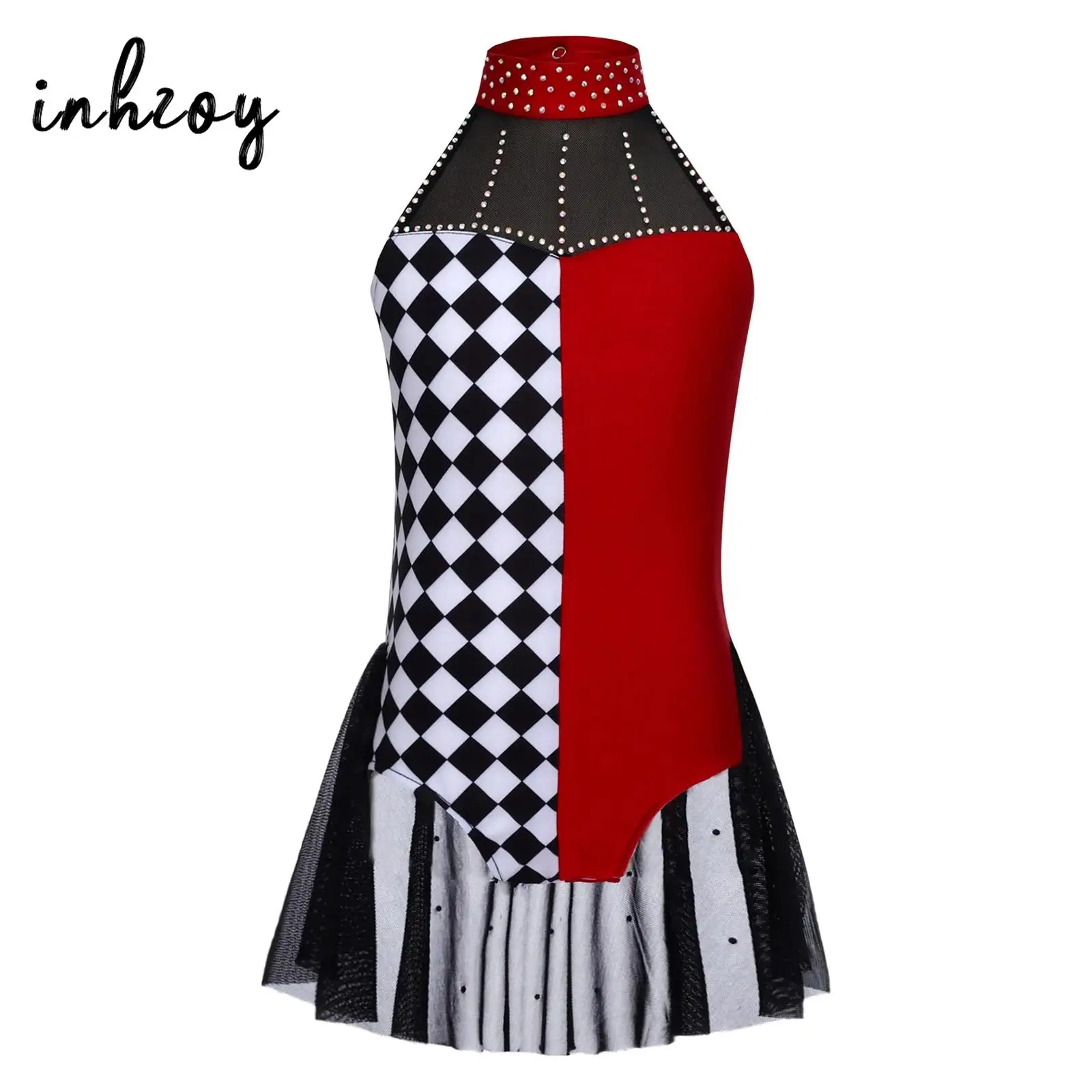

Girls Halloween Clown Costume - Sparkly Harlequin Leotard with Tailskirt & Ruffles for Stage Performance & Dance Party